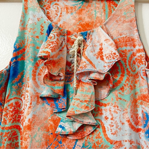 LRL S Coral Pink Blue Paisley Lace Up Tie Dye Drop Waist Ruffle Boho Y2K Dress - Picture 5 of 8